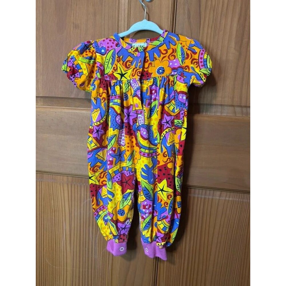 Vintage 90s  Romper Neon Abstract Safari Elephant Print Jumpsuit  One Piece 6/9m